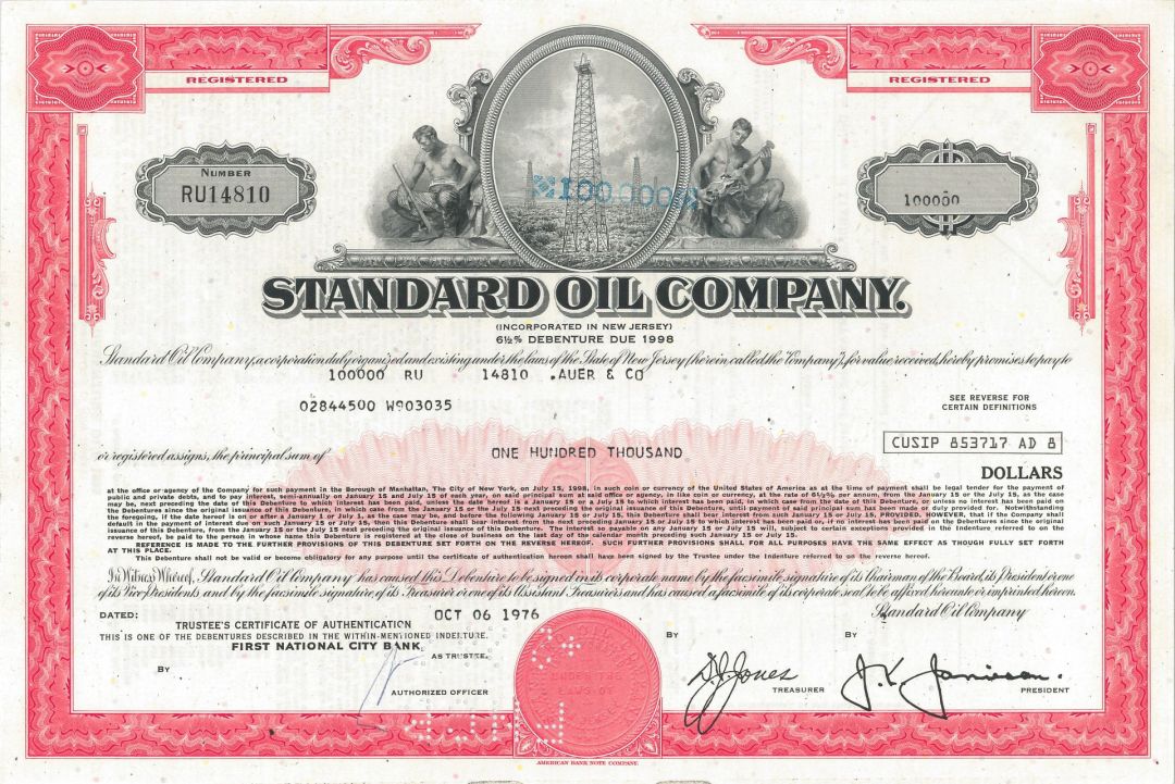 Standard Oil Co. of New Jersey - 1970's dated $100,000 Famous Oil Company Bond - Became Exxon Replacing Esso, Enco & Humble Brands