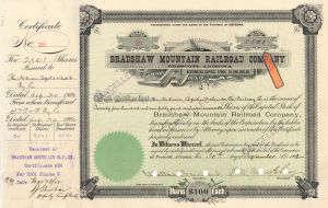 2,501 shares of Bradshaw Mountain Railroad Co. - 1902 dated Arizona Railway Stock Certificate - Branch Line of the Atchison Topeka Santa Fe Railway