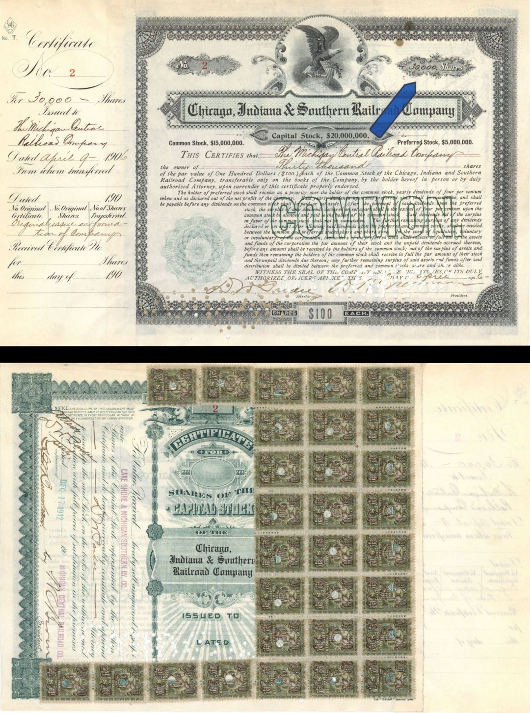 30,000 shares of Chicago, Indiana and Southern Railway Co. - 1906 dated Railroad Stock Certificate