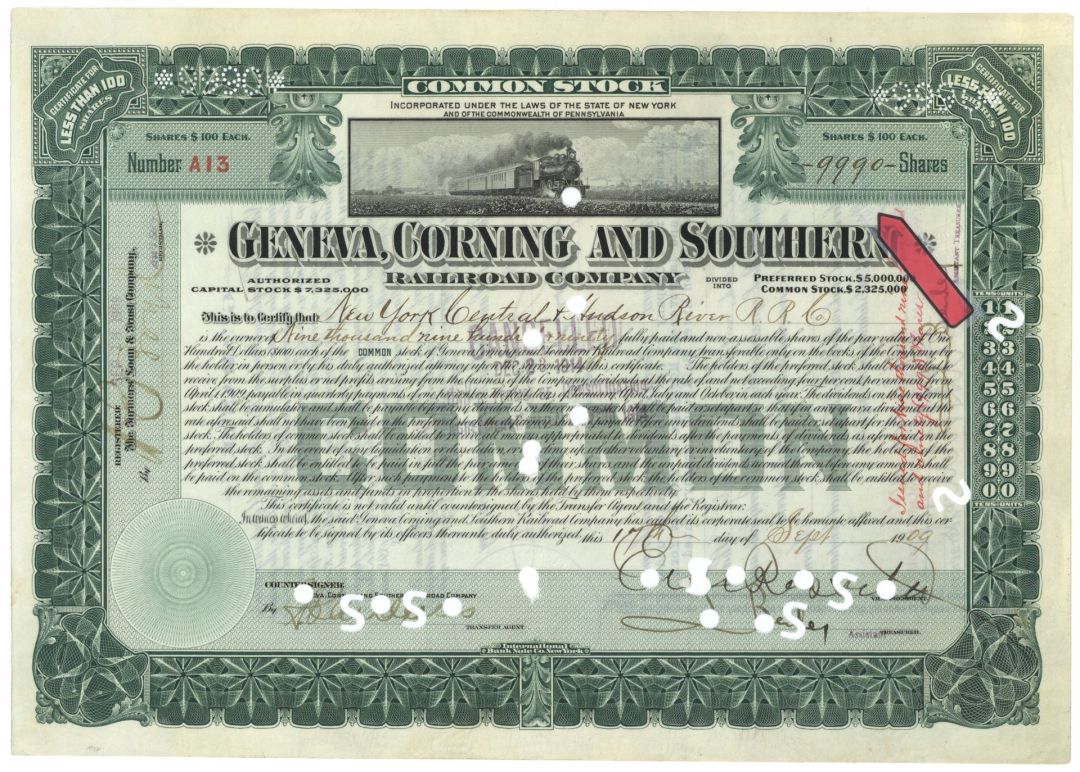 9,990 shares of Geneva, Corning and Southern Railroad Co. - 1909 dated High Shares Railway Stock Certificate
