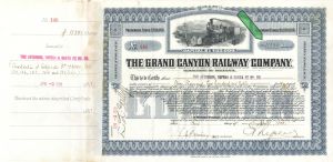 Grand Canyon Railway Co. - 1908 dated 11,280 Shares Railroad Stock Certificate - Part of the Atchison, Topeka and Santa Fe Railroad System