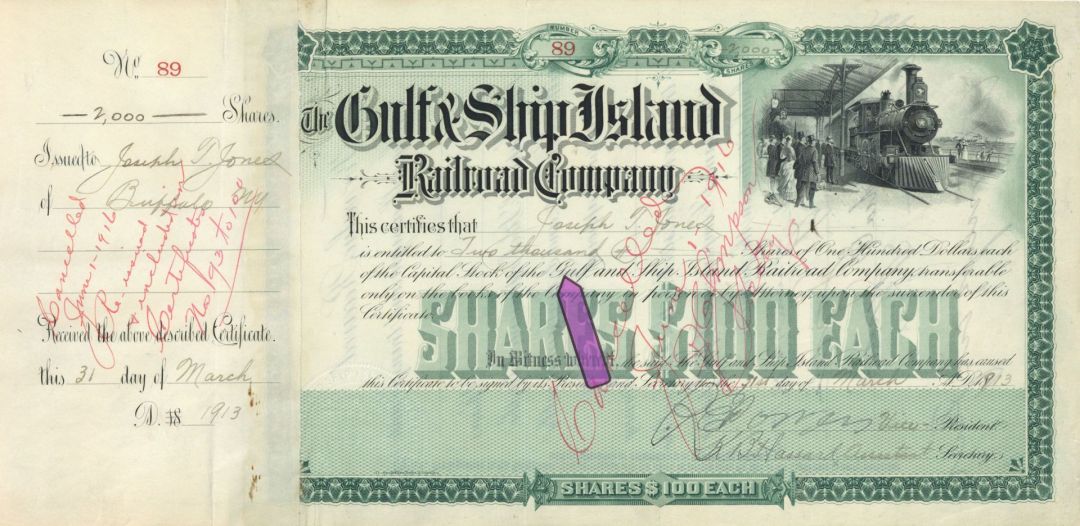 2,000 Shares Gulf and Ship Island Railroad Co. - 1913 dated Railway Stock Certificate - High Denomination of Shares