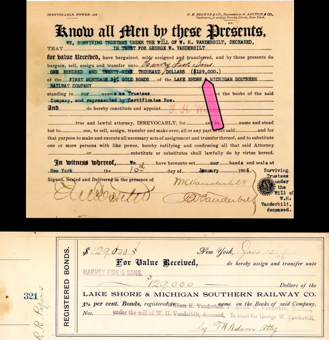 $129,000 Lake Shore and Michigan Southern Railway Co. signed by 2 Vanderbilts! -  1906 dated Stock Transfer and Receipt