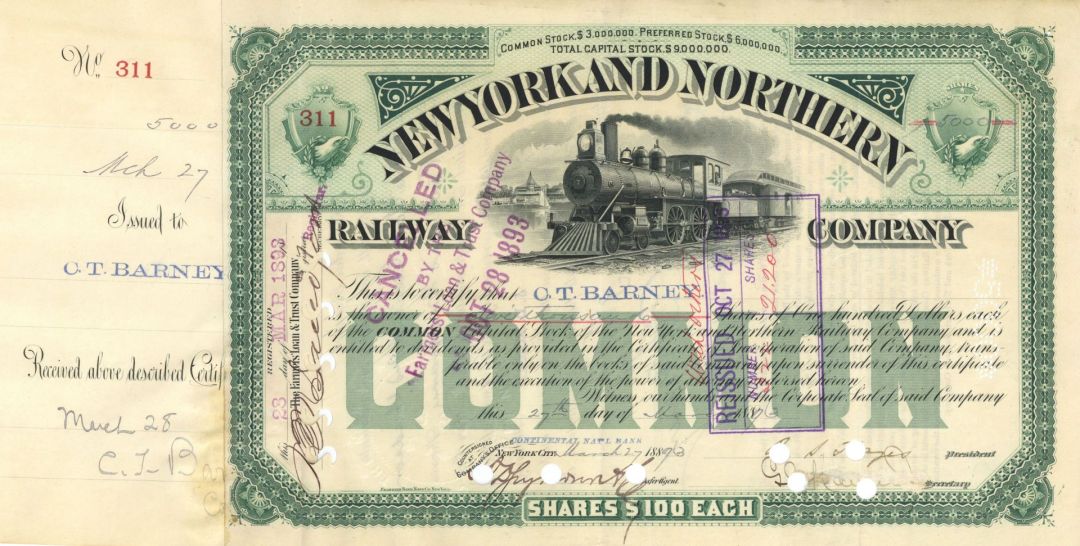 5,000 Shares of New York and Northern Railway Co. - 1893 dated Stock Certificate - High Number of Shares