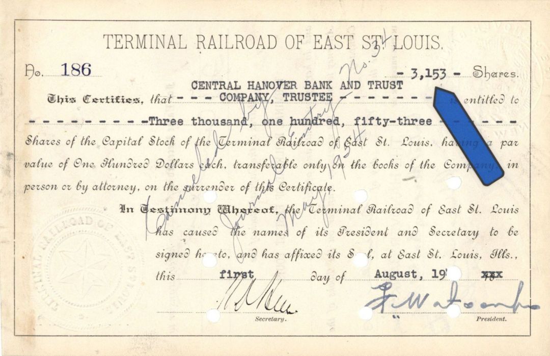3,153 Shares Terminal Railroad of East St. Louis - 1940's dated Stock Certificate