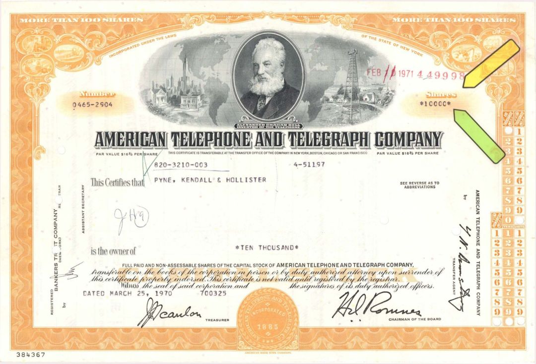 American Telephone and Telegraph Co. - 1970 or 1971 dated High Denomination Stock Certificate