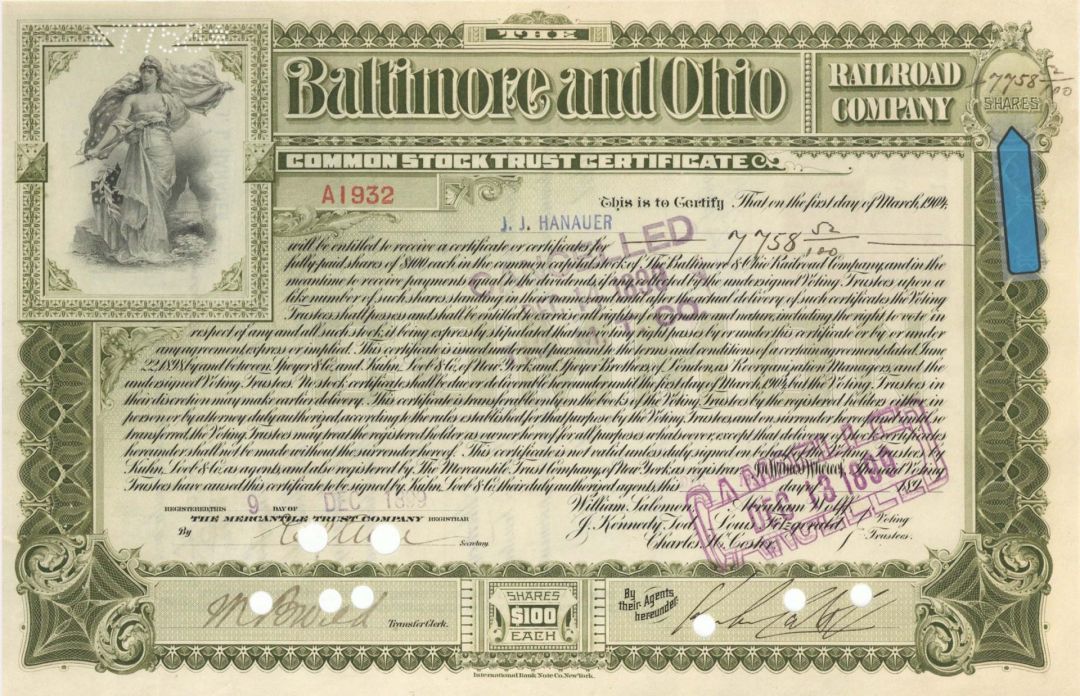 Baltimore and Ohio Railroad Co. - 1899 dated High Denomination Stock Certificate