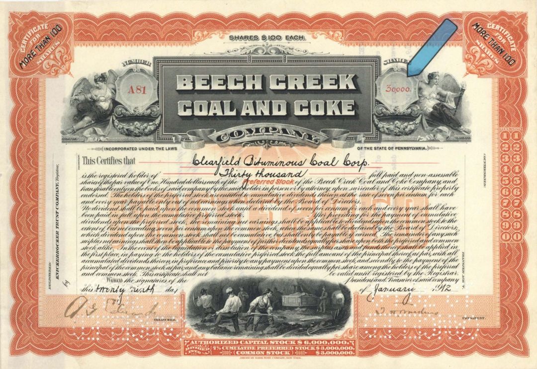 Beech Creek Coal and Coke Co. - 1911 or 1912 dated High Denomination Stock Certificate