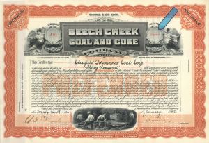 Beech Creek Coal and Coke Co. - 1911 or 1912 dated High Denomination Stock Certificate