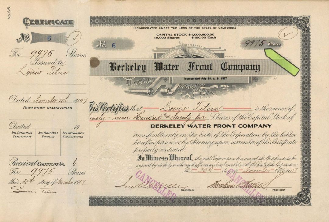 Berkeley Water Front Co. - 1907-1923 dated High Denomination Stock Certificate