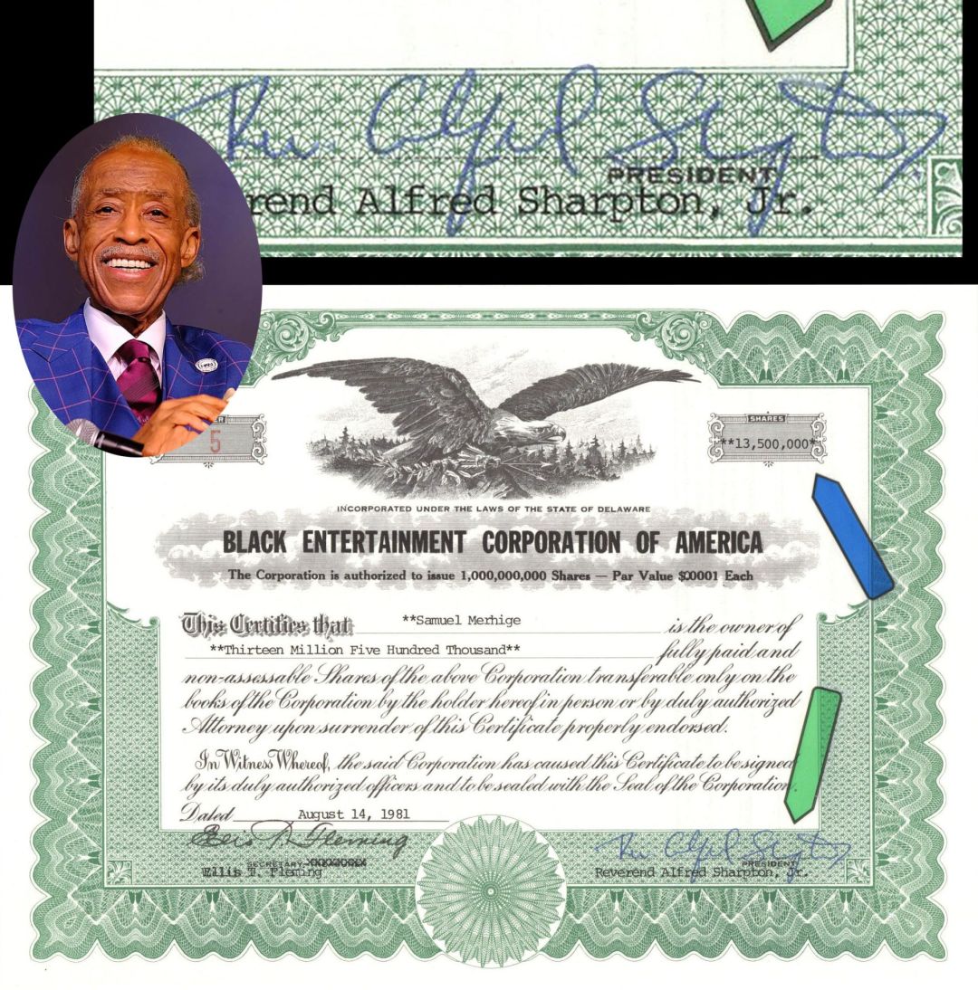 Black Entertainment Corporation of America Signed by Reverend Alfred Sharpton, Jr. - 1981 dated High Denomination Stock Certificate