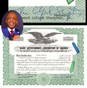 Black Entertainment Corporation of America Signed by Reverend Alfred Sharpton, Jr. - 1981 dated High Denomination Stock Certificate