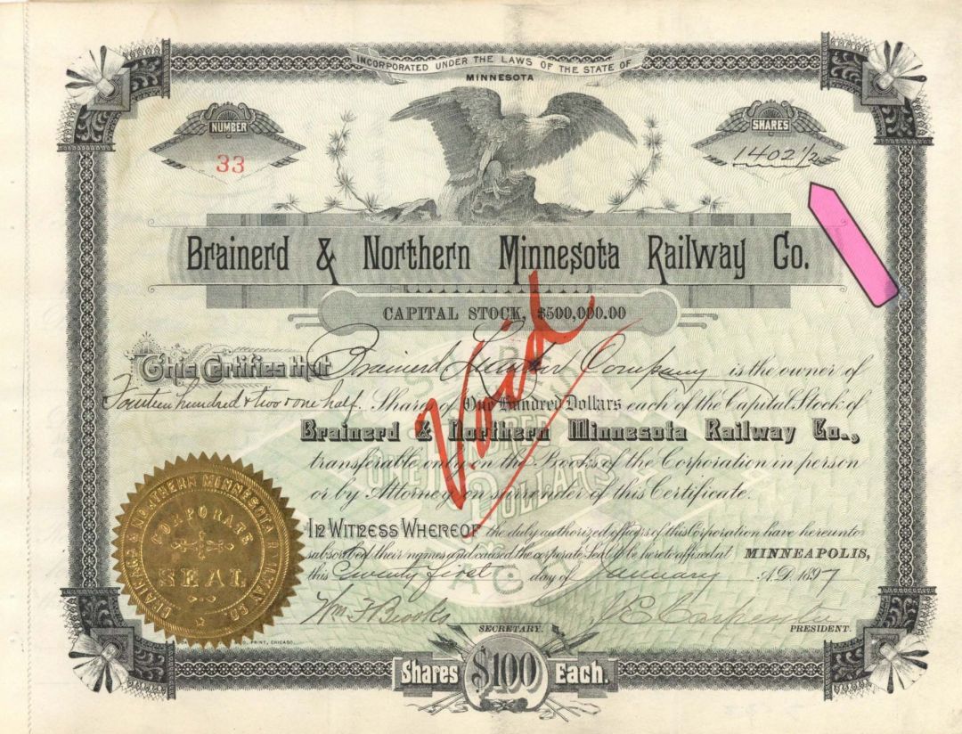Brainerd and Northern Minnesota Railway Co. - 1897 dated High Denomination Stock Certificate