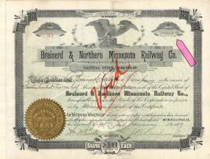 Brainerd and Northern Minnesota Railway Co. - 1897 dated High Denomination Stock Certificate