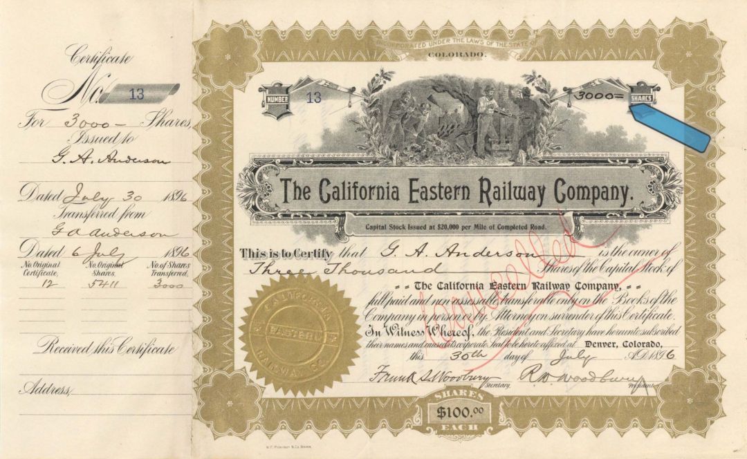 California Eastern Railway Co. - 1896-1902 dated High Denomination Stock Certificate