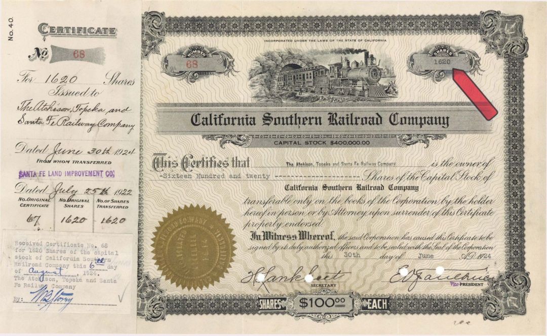California Southern Railroad Co. - 1924 dated High Denomination Stock Certificate