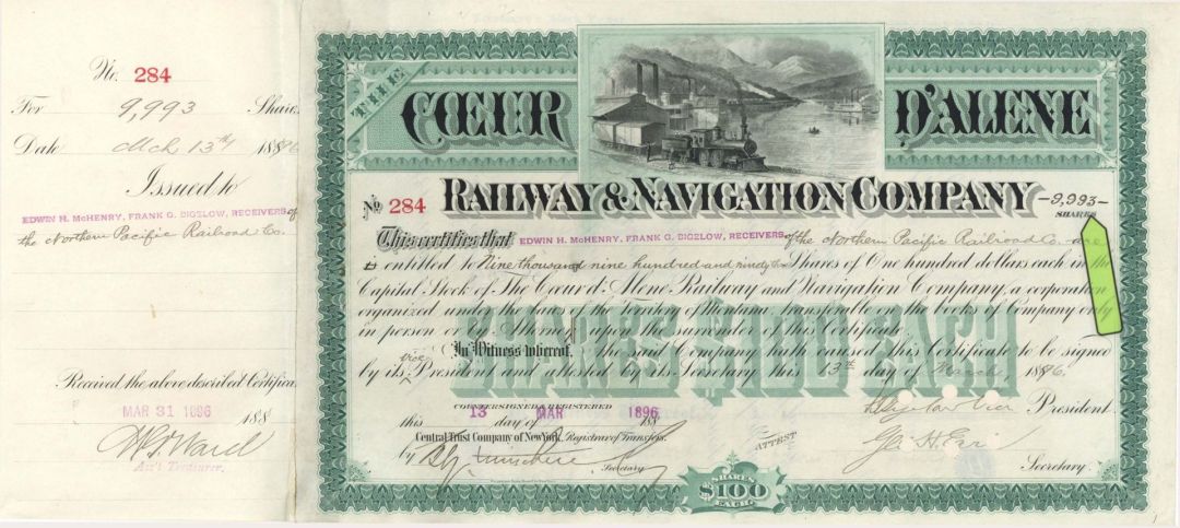 Coeur D'Alene Railway and Navigation Co. - 1893 or 1896 dated High Denomination Stock Certificate
