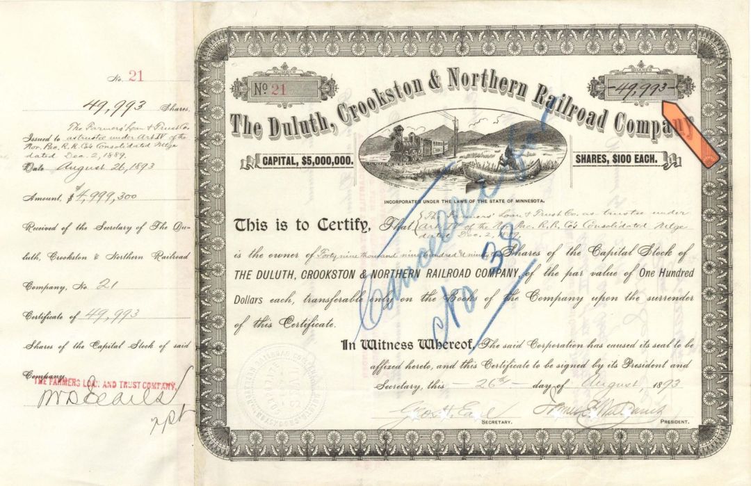 Duluth, Crookston and Northern Railroad Co. - 1889 or 1893 dated High Denomination Stock Certificate