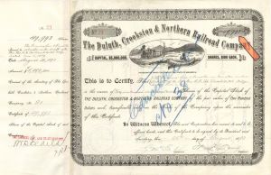 Duluth, Crookston and Northern Railroad Co. - 1889 or 1893 dated High Denomination Stock Certificate