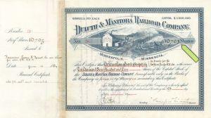 Duluth and Manitoba Railroad Co. - 1887 dated High Denomination Stock Certificate
