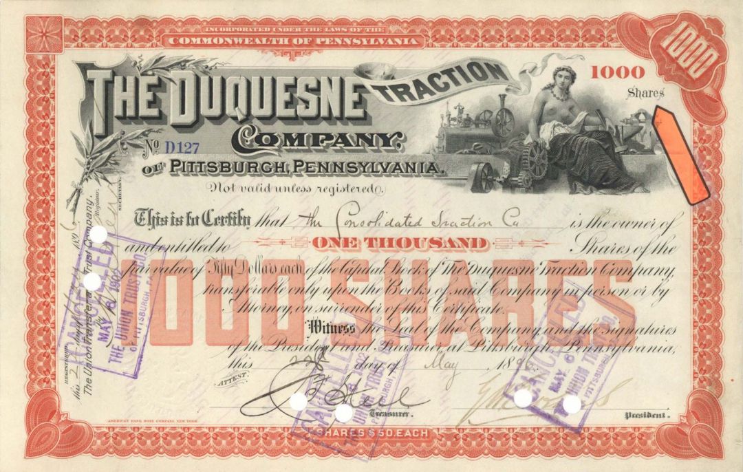 Duquesne Traction Co. of Pittsburgh, Pennsylvania - 1896 or 1902 dated High Denomination Stock Certificate