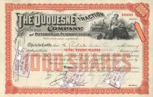 Duquesne Traction Co. of Pittsburgh, Pennsylvania - 1896 or 1902 dated High Denomination Stock Certificate
