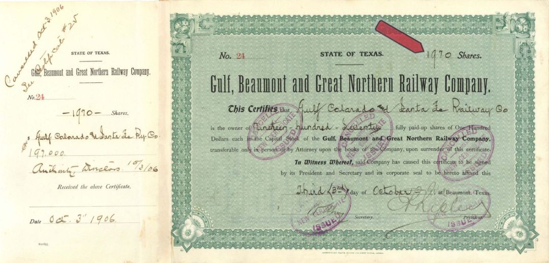 Gulf, Beaumont and Great Northern Railway Co. - 1906 dated High Denomination Stock Certificate