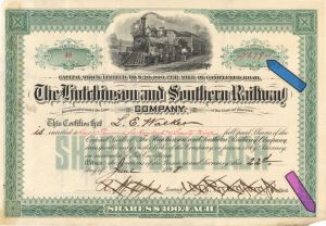 Hutchinson and Southern Railway Co. - 1898 dated High Denomination Stock Certificate