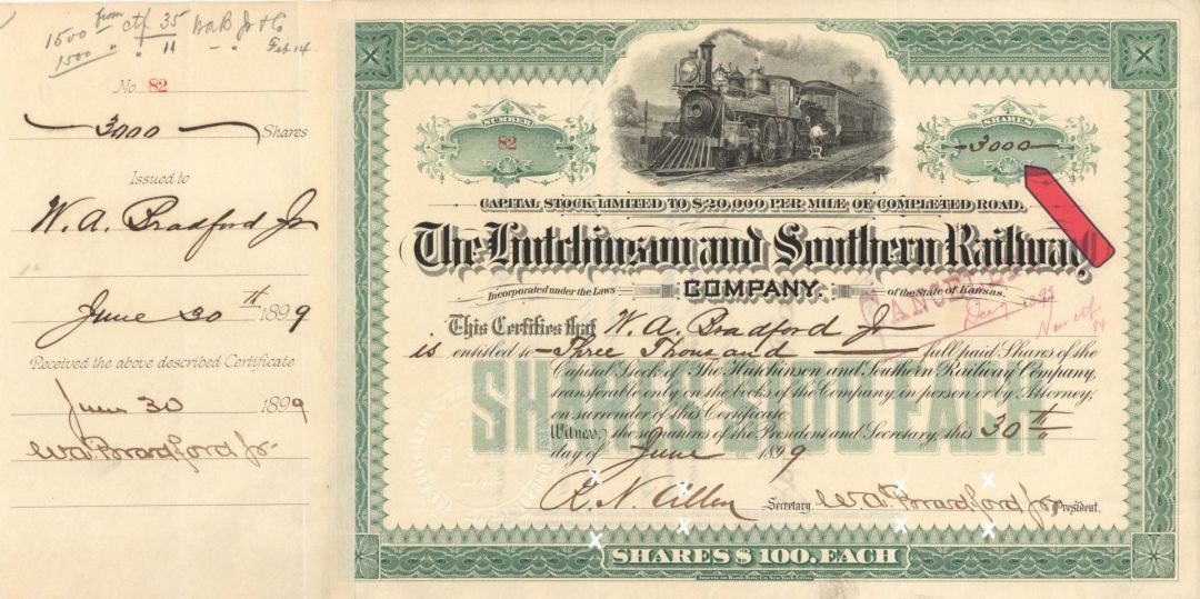 Hutchinson and Southern Railway Co. - 1899 dated High Denomination Stock Certificate