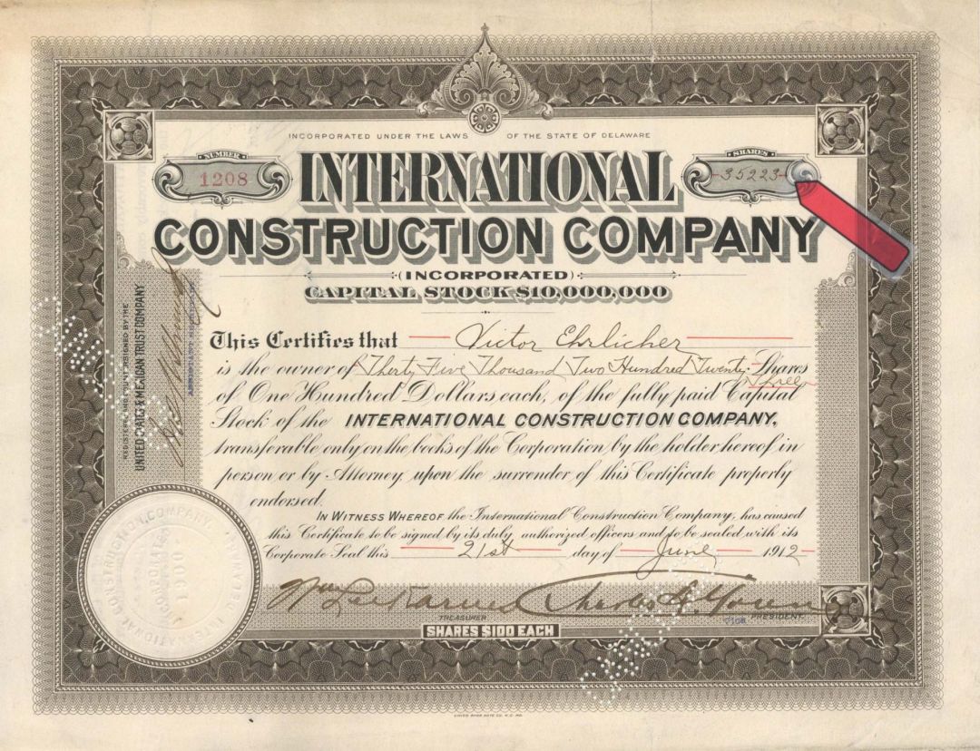 International Construction Company, Inc. - 1911 or 1912 dated High Denomination Stock Certificate
