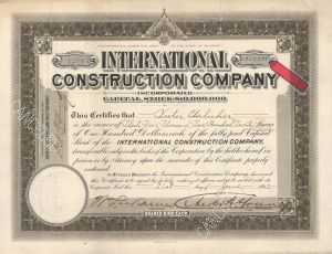 International Construction Company, Inc. - 1911 or 1912 dated High Denomination Stock Certificate