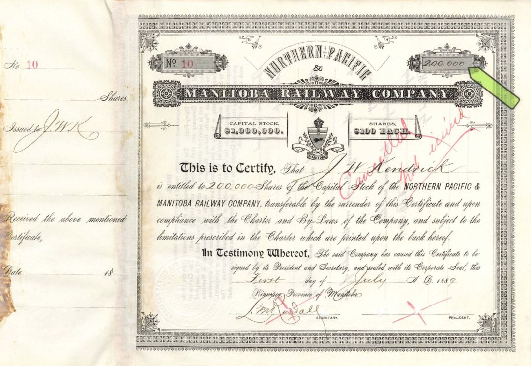 Northern Pacific and Manitoba Railway Co. - 1889 dated High Denomination Stock Certificate