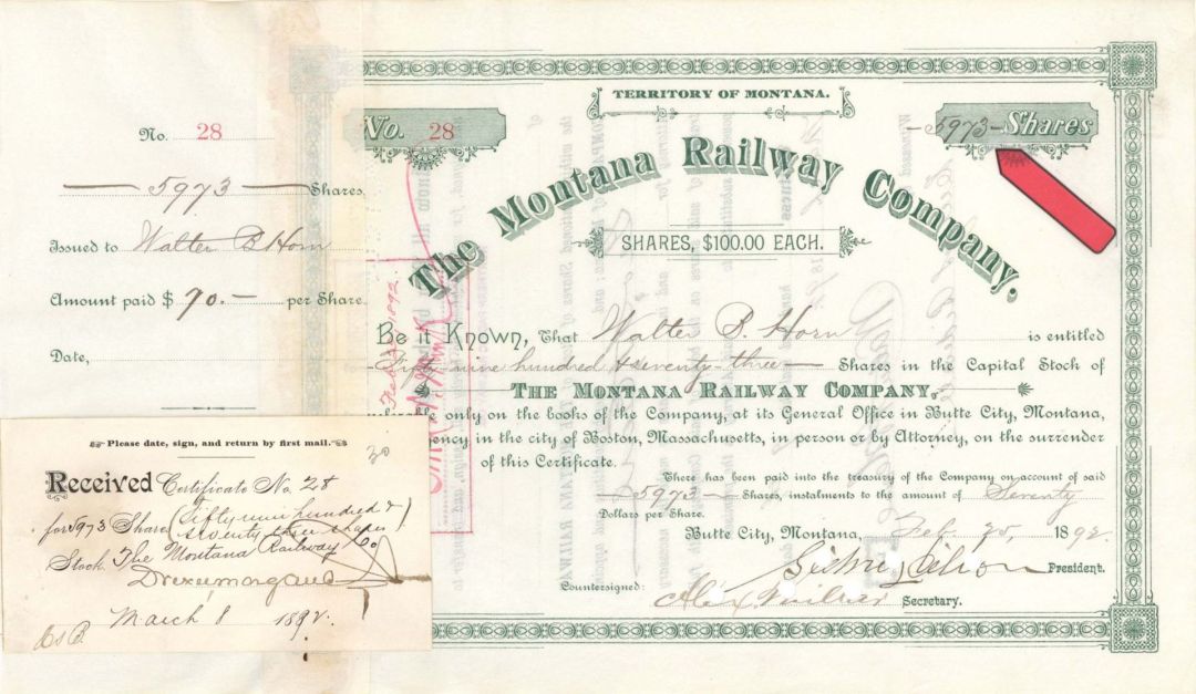 Montana Railway Co. - 1892 dated High Denomination Stock Certificate