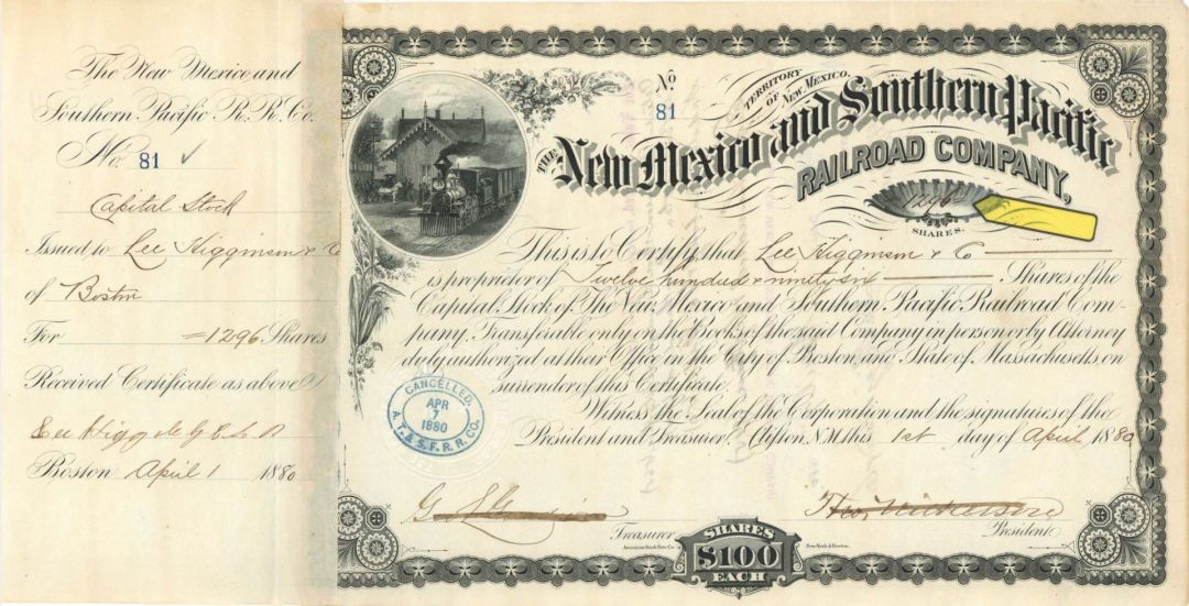 New Mexico and Southern Pacific Railroad Co. - 1880 dated High Denomination Stock Certificate