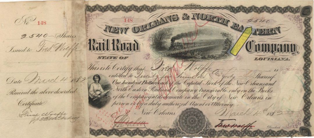 New Orleans and North Eastern Rail Road Co. - 1882 dated High Denomination Stock Certificate