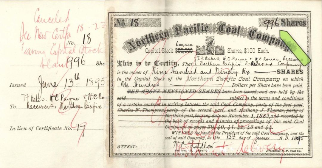 Northern Pacific Coal Co. - 1895 or 1896 dated High Denomination Stock Certificate
