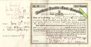 Northern Pacific Coal Co. - 1895 or 1896 dated High Denomination Stock Certificate