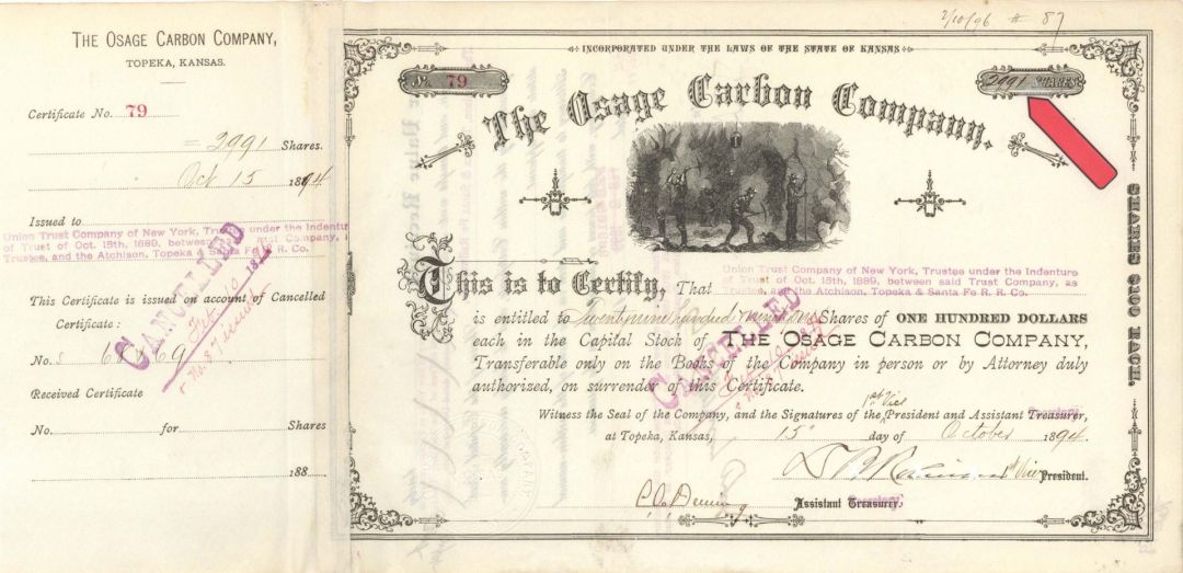 Osage Carbon Co. - 1894 dated High Denomination Stock Certificate