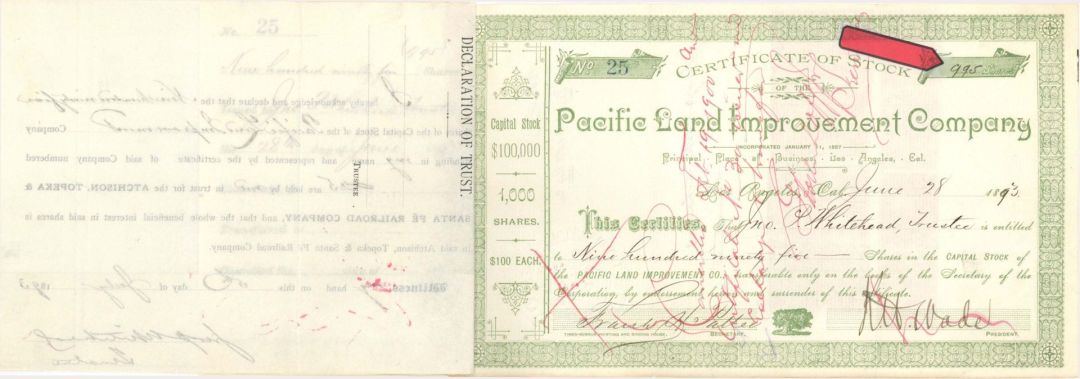 Pacific Land Improvement Co. - 1893 dated High Denomination Stock Certificate