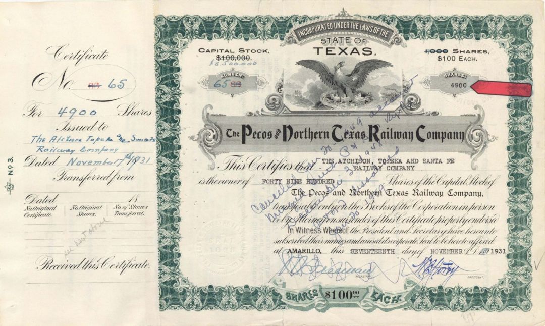 Pecos and Northern Texas Railway Co. - 1931 dated High Denomination Stock Certificate
