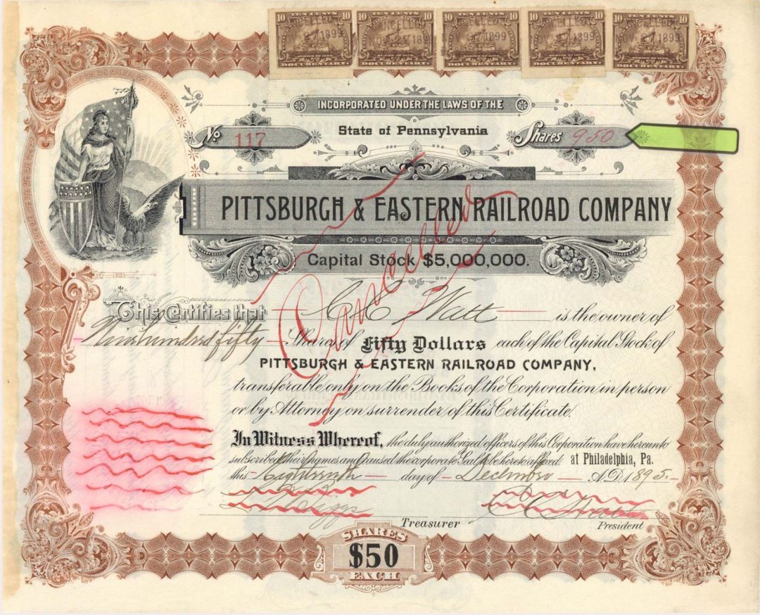 Pittsburgh and Eastern Railroad Co. - 1895 dated High Denomination Stock Certificate