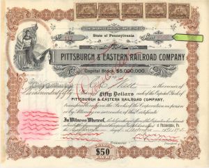 Pittsburgh and Eastern Railroad Co. - 1895 dated High Denomination Stock Certificate
