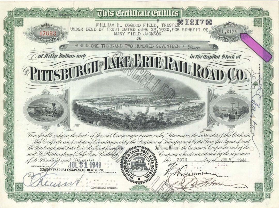 Pittsburgh and Lake Erie Railroad Co. - 1941 dated High Denomination Stock Certificate