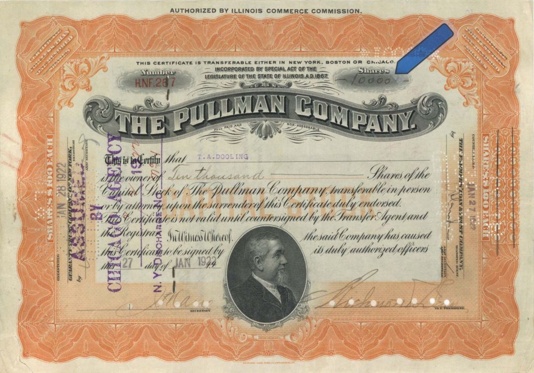 Pullman Co. - 1922 dated High Denomination Stock Certificate
