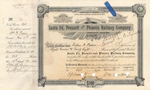 Santa Fe, Prescott and Phoenix Railway Co. - 1896 or 1898 dated High Denomination Stock Certificate