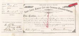 Saint Louis, Kansas City and Colorado Railroad Co. - 1886 dated High Denomination Stock Certificate