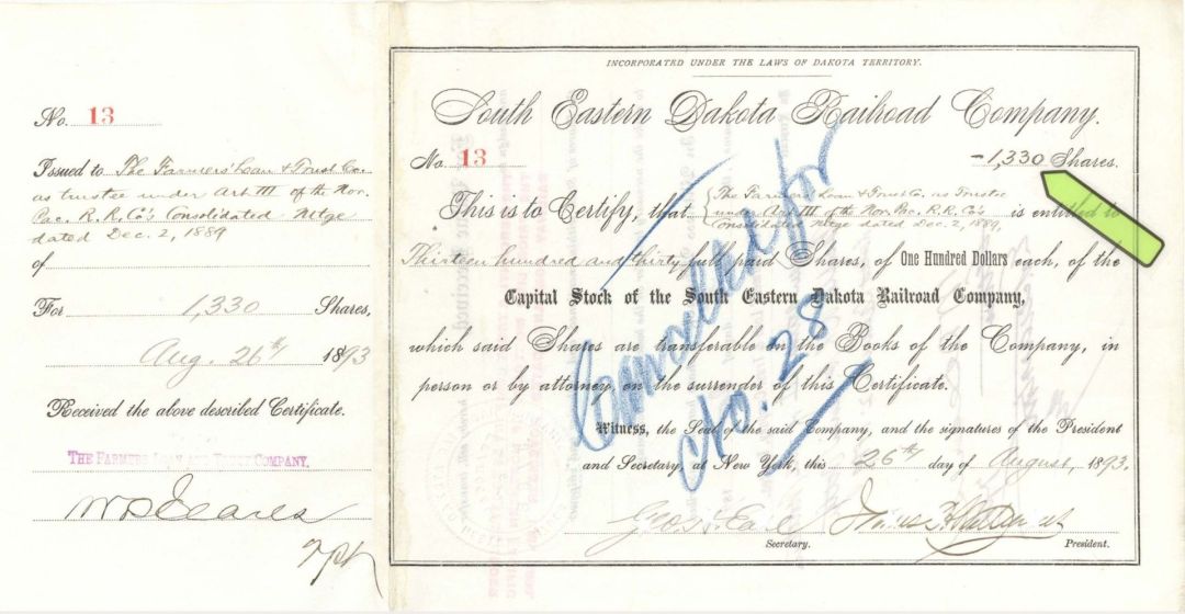 South Eastern Dakota Railroad Co. - 1893 dated High Denomination Stock Certificate