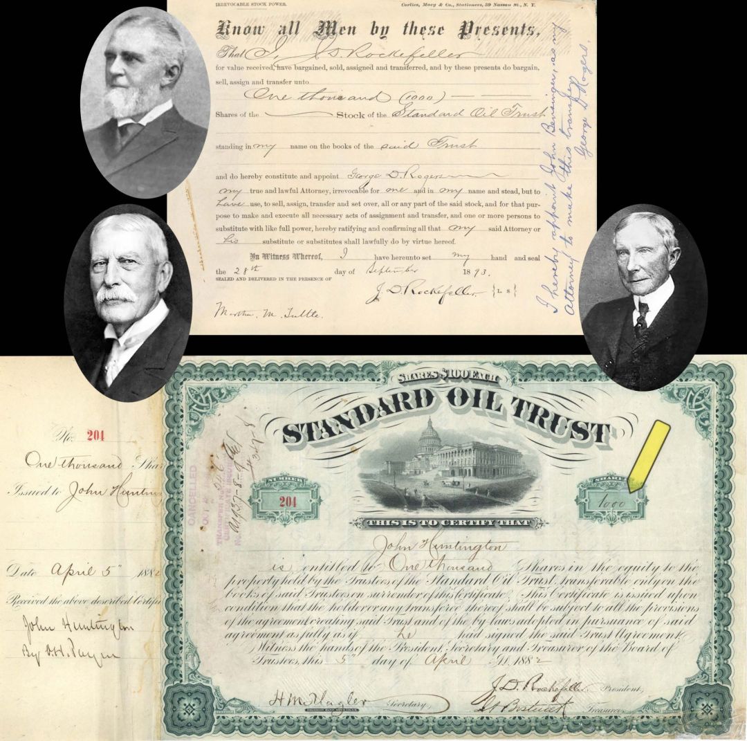 Standard Oil Trust Co. Signed by J.D. Rockefeller, H.M. Flagler and J.A. Bostwick - 1882 dated Autographed High Denomination Stock Certificate