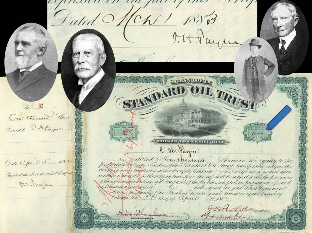 Standard Oil Trust Issued to and Signed by O. H. Payne, Henry M. Flagler and John D. Rockefeller - 1882 dated Autographed High Denomination Oil Stock Certificate