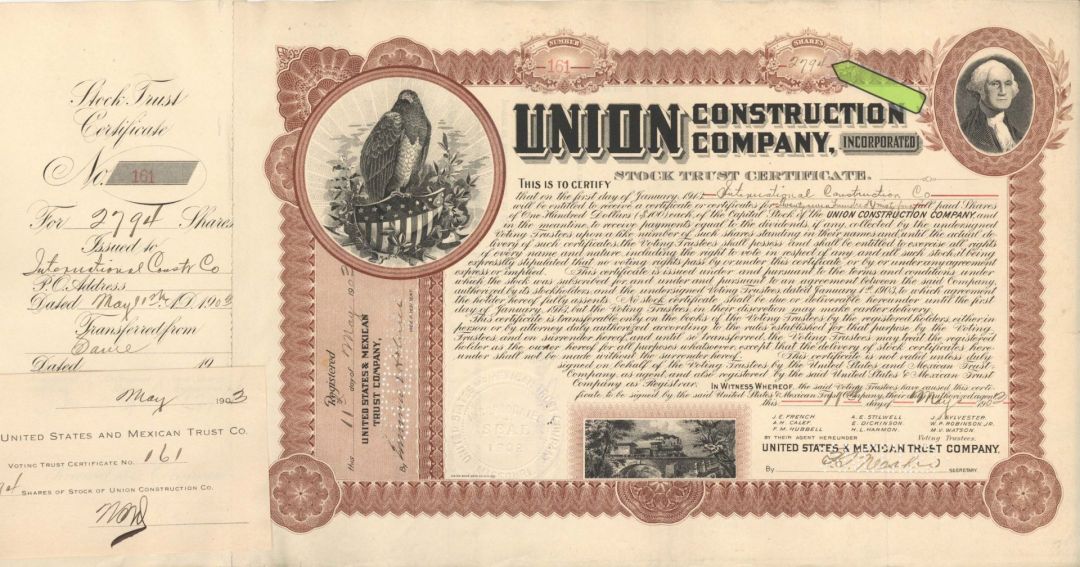 Union Construction Company, Inc. - 1903-1912 dated High Denomination Stock Certificate